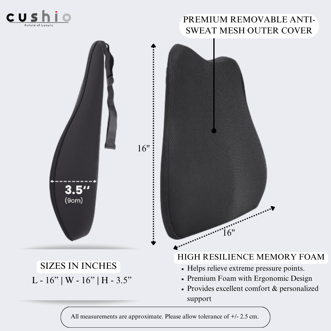CUSHIO Car Back Rest Lumbar Support Memory Foam Cushion | Relieves Back Pain & Supports Posture | Ideal for Cars, Office Chairs, and Travel (Black)