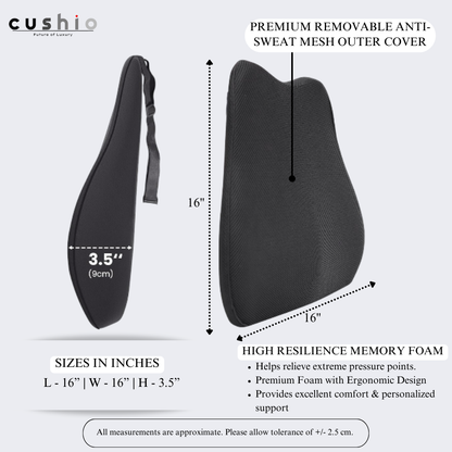 CUSHIO Car Back Rest Lumbar Support Memory Foam Cushion | Relieves Back Pain & Supports Posture | Ideal for Cars, Office Chairs, and Travel (Black)