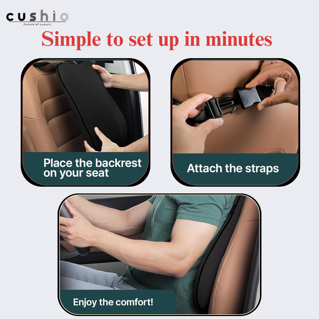 CUSHIO Car Back Rest Lumbar Support Memory Foam Cushion | Relieves Back Pain & Supports Posture | Ideal for Cars, Office Chairs, and Travel (Black)