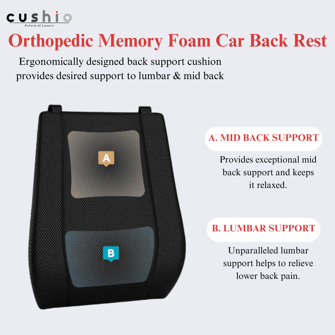 CUSHIO Car Back Rest Lumbar Support Memory Foam Cushion | Relieves Back Pain & Supports Posture | Ideal for Cars, Office Chairs, and Travel (Black)