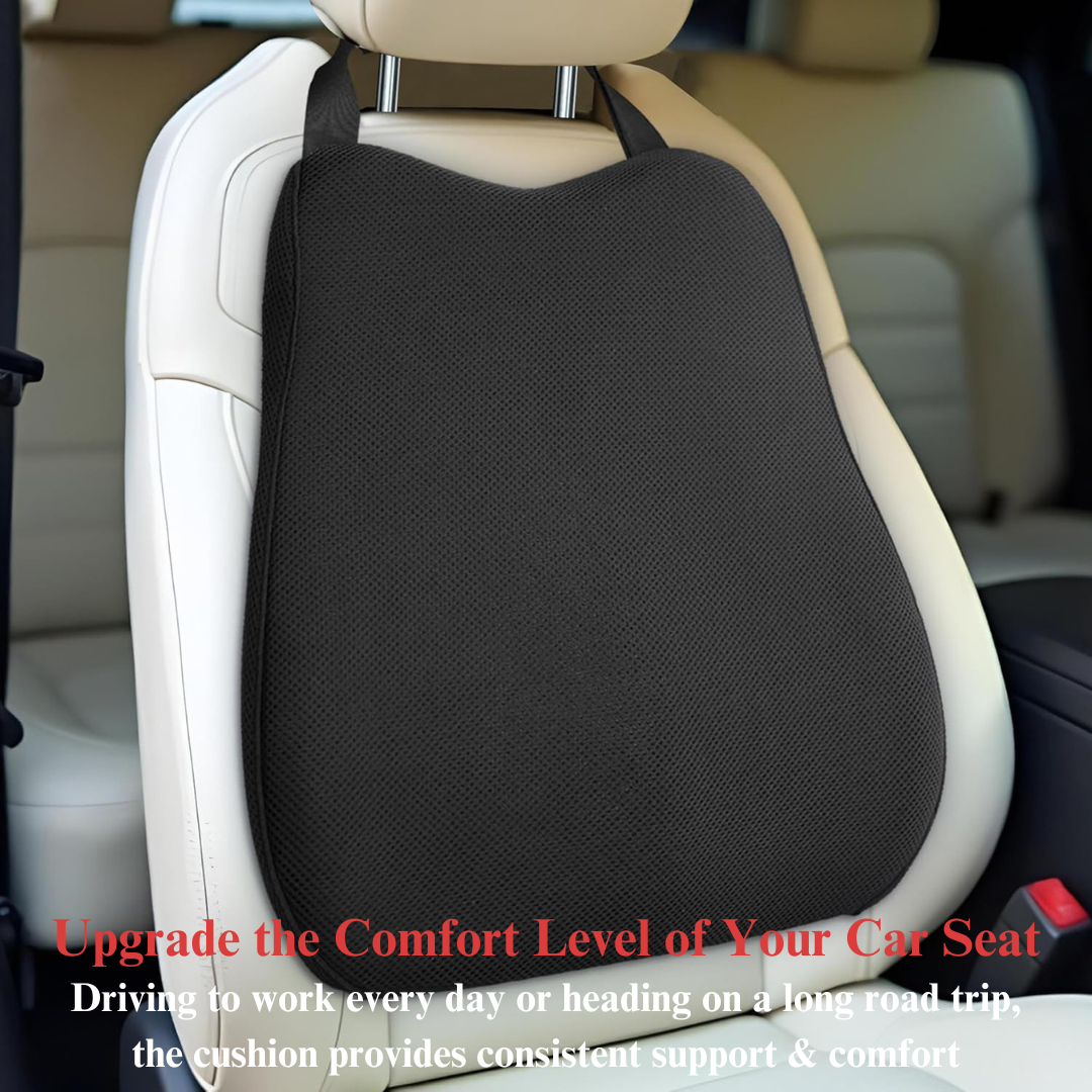 CUSHIO Car Back Rest Lumbar Support Memory Foam Cushion | Relieves Back Pain & Supports Posture | Ideal for Cars, Office Chairs, and Travel (Black)