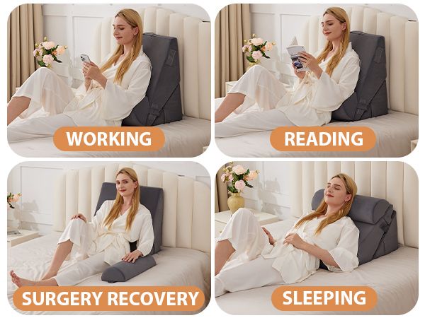 CUSHIO Adjustable Memory Foam Wedge Pillow with Headrest for Back Support, 12-in-1 Versatile Design for Sleeping, Leg Elevation Support (Grey)