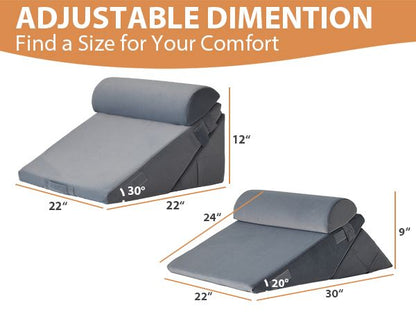 CUSHIO Adjustable Memory Foam Wedge Pillow with Headrest for Back Support, 12-in-1 Versatile Design for Sleeping, Leg Elevation Support (Grey)