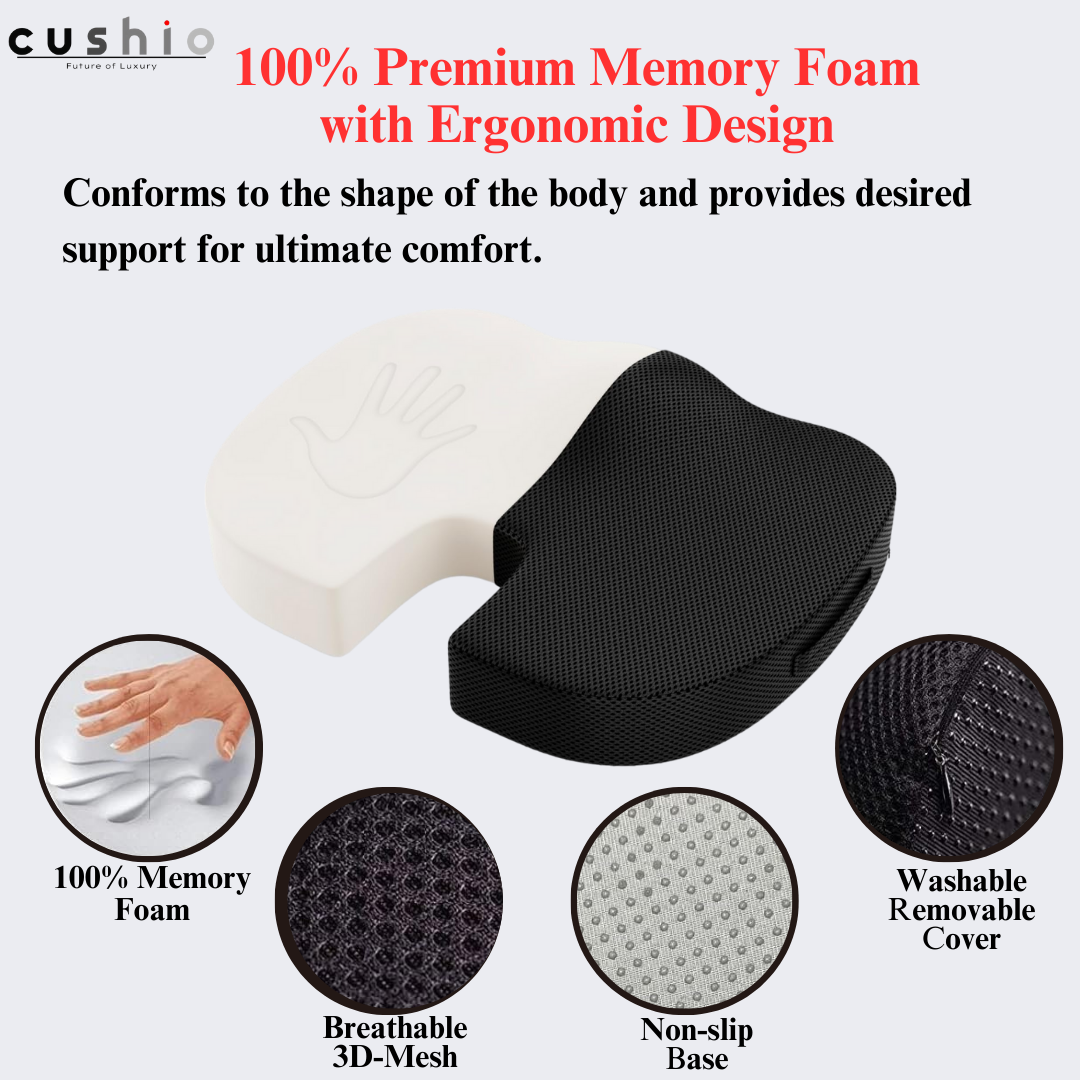 CUSHIO Coccyx Seat Cushion (High Density) for Tailbone, Sciatica, Hip Lower Back Pain Relief | Memory Foam Cushion for Office or Home Chairs or Wheelchairs (Upto 120KG, Black)