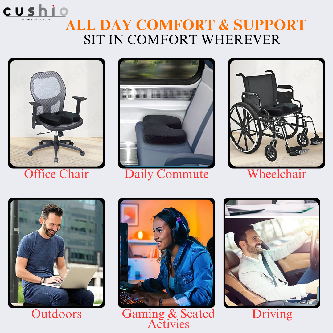 CUSHIO Coccyx Seat Cushion (High Density) for Tailbone, Sciatica, Hip Lower Back Pain Relief | Memory Foam Cushion for Office or Home Chairs or Wheelchairs (Upto 120KG, Black)