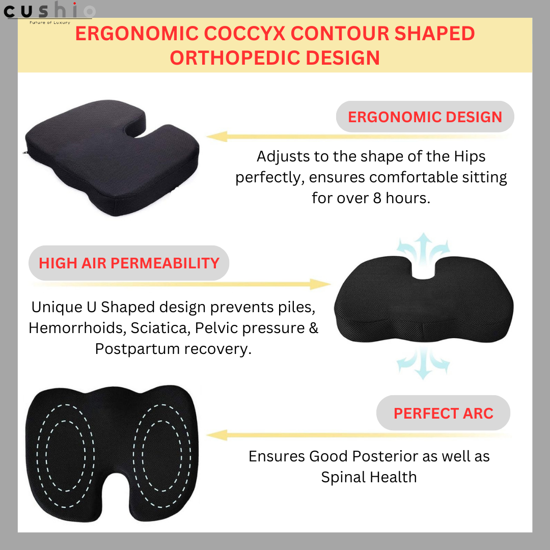 CUSHIO Coccyx Seat Cushion (High Density) for Tailbone, Sciatica, Hip Lower Back Pain Relief | Memory Foam Cushion for Office or Home Chairs or Wheelchairs (Upto 120KG, Black)
