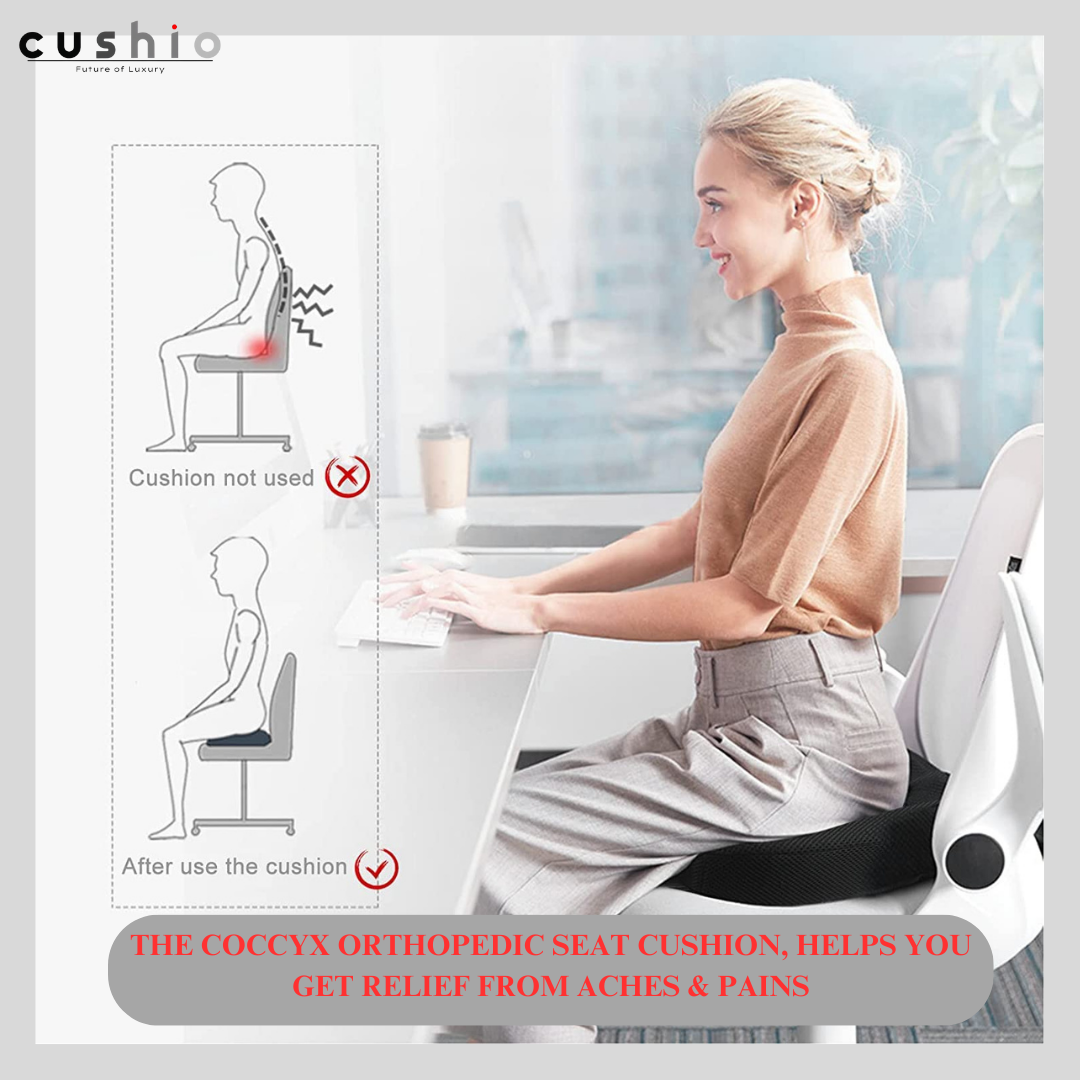 CUSHIO Coccyx Seat Cushion (High Density) for Tailbone, Sciatica, Hip Lower Back Pain Relief | Memory Foam Cushion for Office or Home Chairs or Wheelchairs (Upto 120KG, Black)