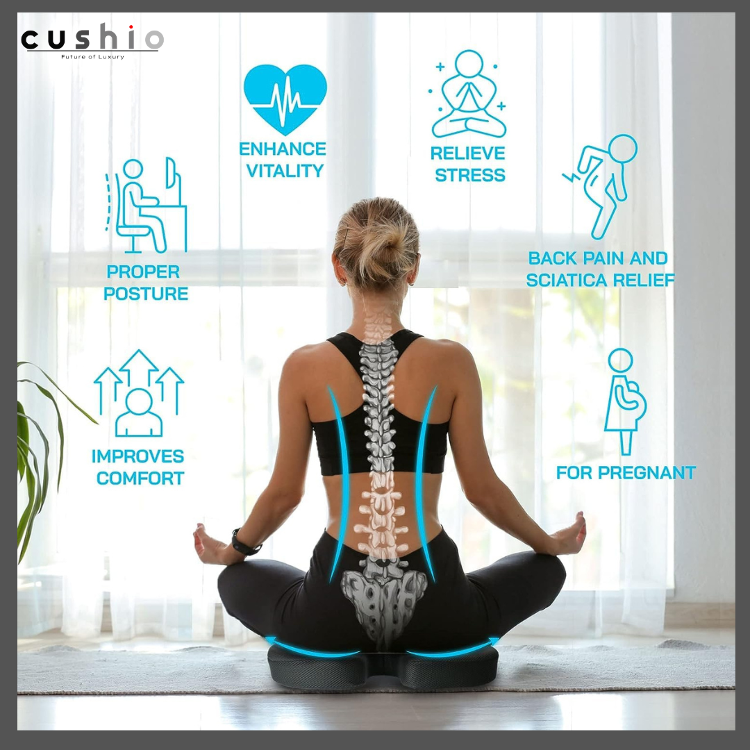 CUSHIO Coccyx Seat Cushion (High Density) for Tailbone, Sciatica, Hip Lower Back Pain Relief | Memory Foam Cushion for Office or Home Chairs or Wheelchairs (Upto 120KG, Black)