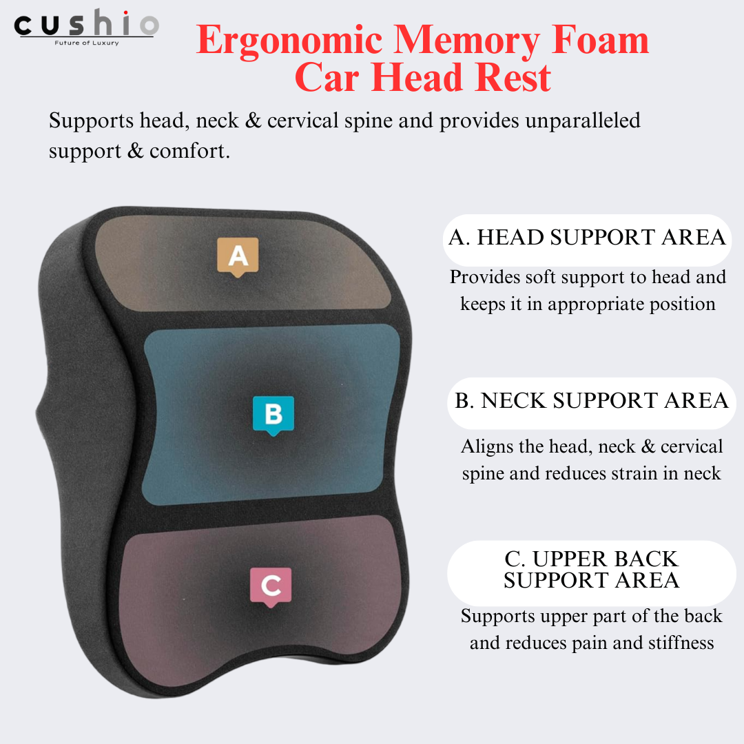 CUSHIO Car Headrest Pillow | Memory Foam Car Seat Head Rest Pillow for Neck and Cervical Support | Relieves Neck Pain & Muscle Tension (Black)