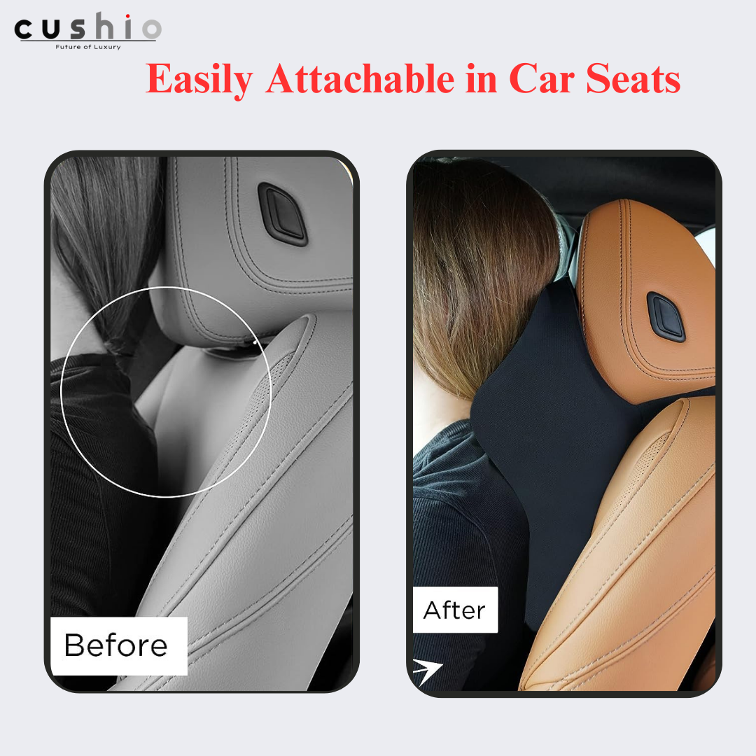 CUSHIO Car Headrest Pillow | Memory Foam Car Seat Head Rest Pillow for Neck and Cervical Support | Relieves Neck Pain & Muscle Tension (Black)