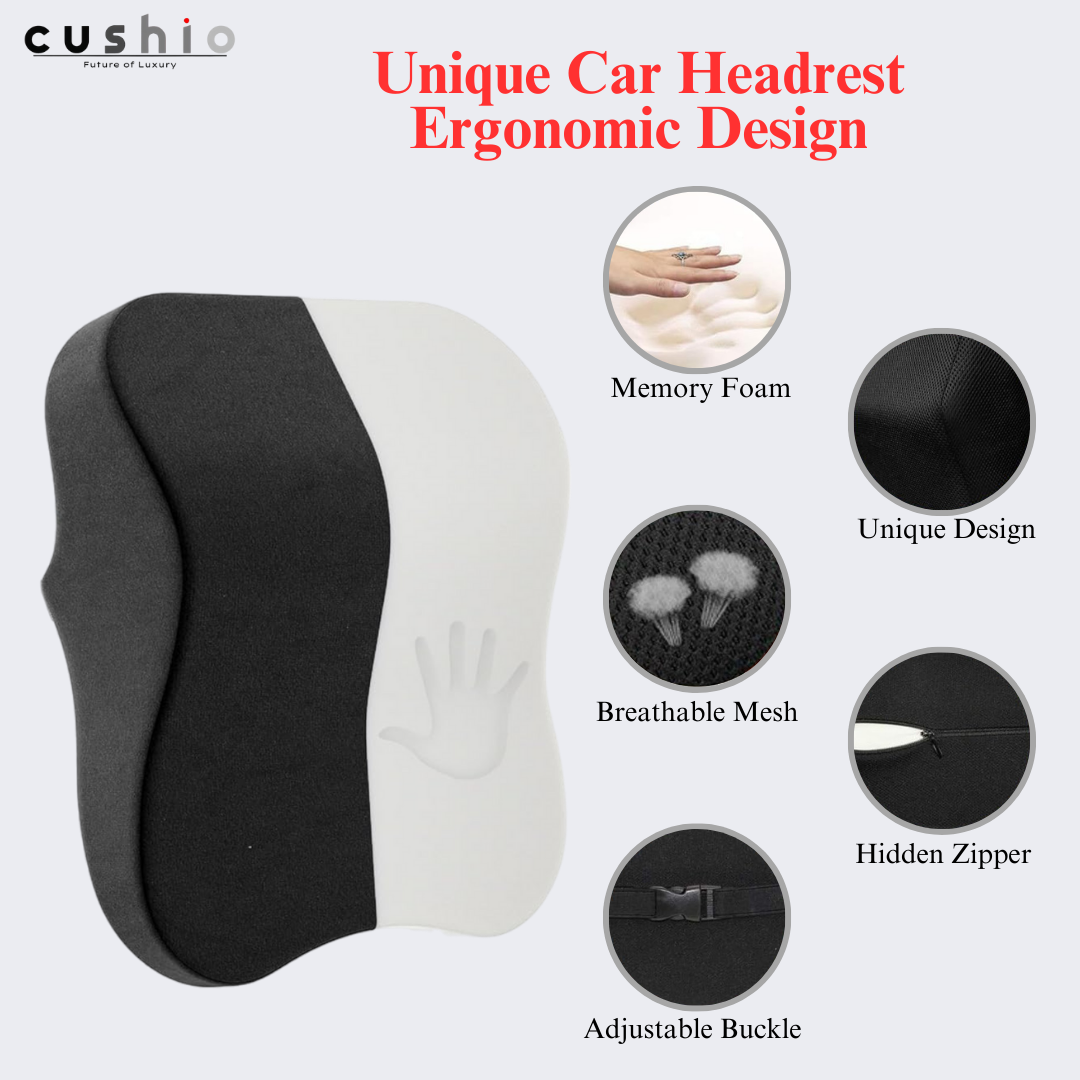 CUSHIO Car Headrest Pillow | Memory Foam Car Seat Head Rest Pillow for Neck and Cervical Support | Relieves Neck Pain & Muscle Tension (Black)