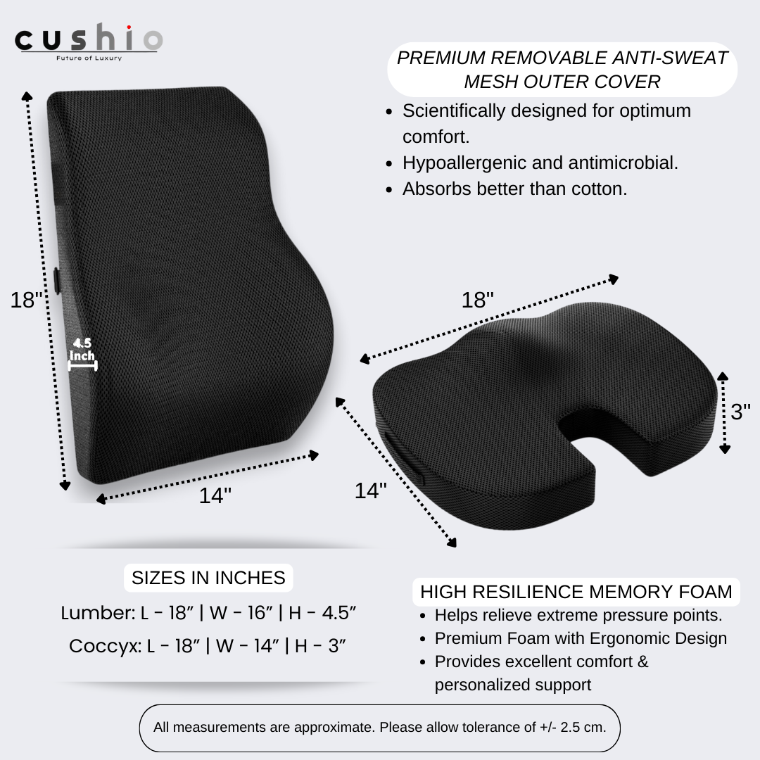 CUSHIO Memory Foam Lumbar Pillow & Coccyx Seat Cushion Combo | Lower Back and Coccyx Support for Long Sitting Hours on Car Seat, Office/Home Chair (Black)