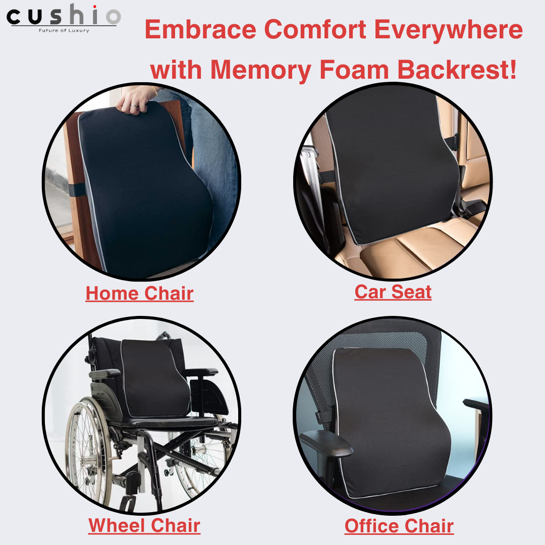 CUSHIO Lumbar Back Support Pillow for Car Seat, Office and Home Chair | Memory Foam Backrest Pillow for Lower Back Pain Relieve | Dual Adjustable Strap (Black)