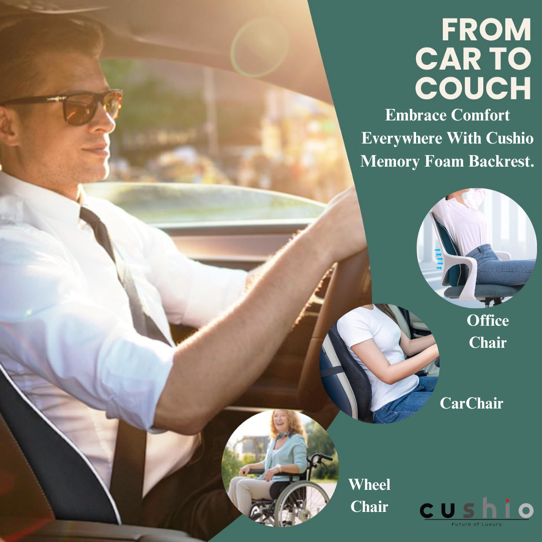 CUSHIO Lumbar Back Support Pillow for Car Seat, Office and Home Chair | Memory Foam Backrest Pillow for Lower Back Pain Relieve | Dual Adjustable Strap (Black)