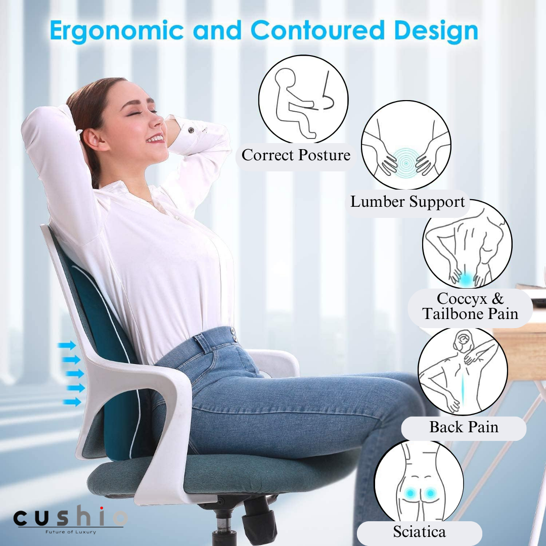 CUSHIO Lumbar Back Support Pillow for Car Seat, Office and Home Chair | Memory Foam Backrest Pillow for Lower Back Pain Relieve | Dual Adjustable Strap (Black)