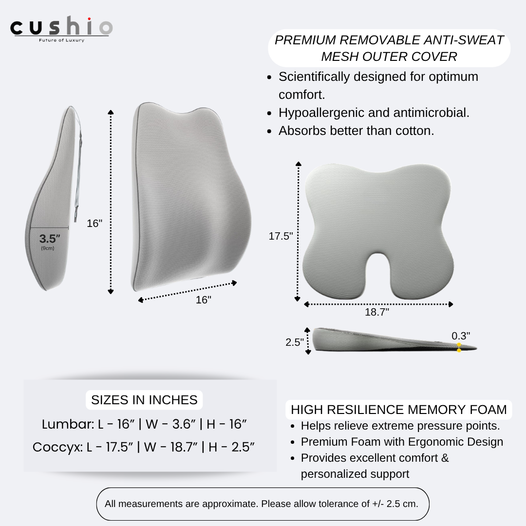 CUSHIO Car Wedge & Back Rest Cushion Combo | Posture Correction | Ergonomic Back & Seating Support | Driving & Daily Commutes | Universal Fit (Grey)