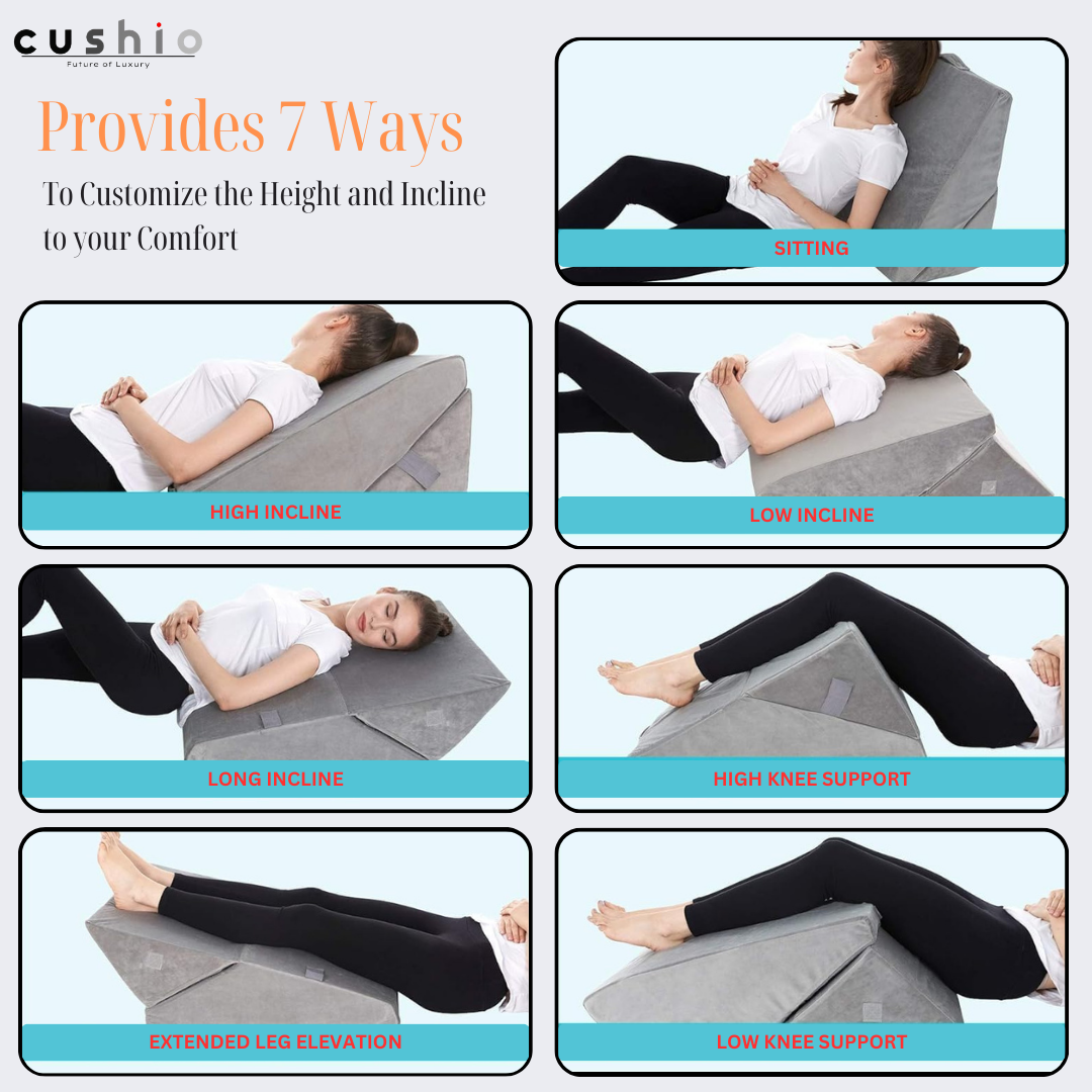 CUSHIO Adjustable Memory Foam Wedge Pillow for Back Support, 7-in-1 Versatile Design for Sleeping, Leg Elevation and Support (Grey)